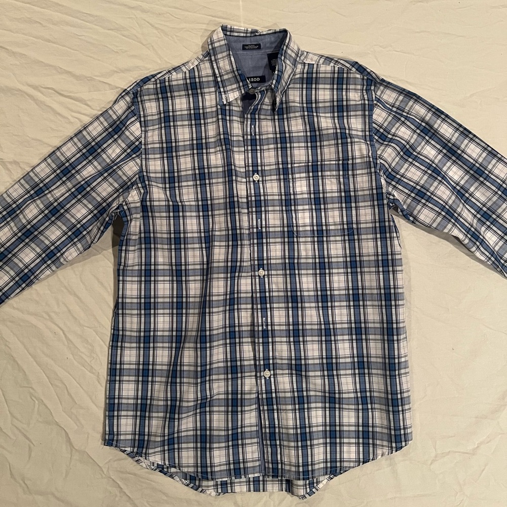 IZOD Blue & White Plaid Button Down Long Sleeve Shirt, Non-Iron, Adult Medium
